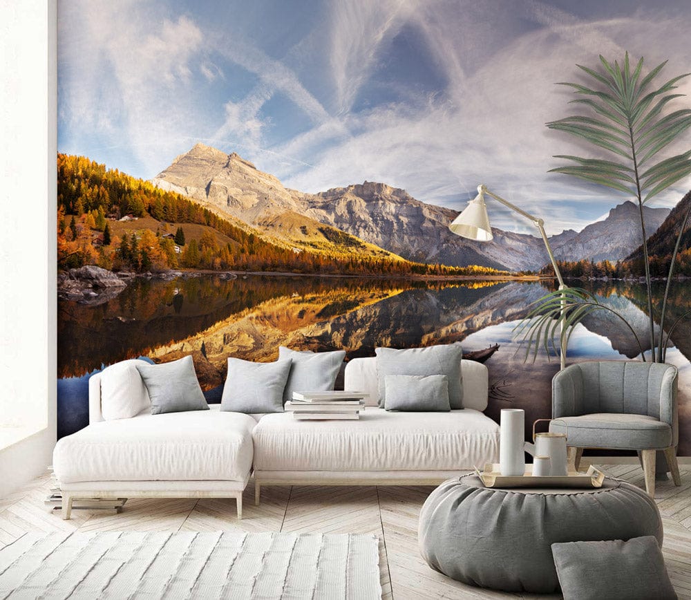 lake mountain forest gathering wall mural art design