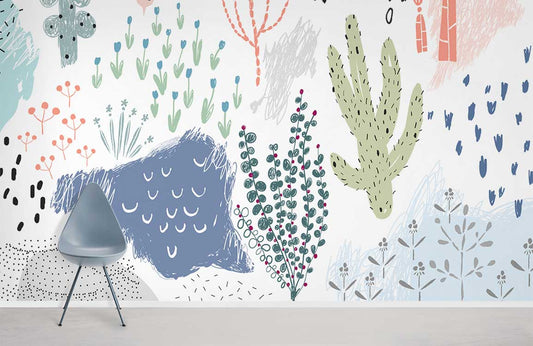 Wallpaper mural with a variety of pastel plants, perfect for use as home decor