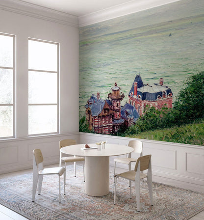 Riverside Village Painting Style Wallpaper Mural Living Room
