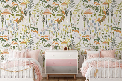 Whimsical Dinosaur Botanical Mural Wallpaper in bedroom