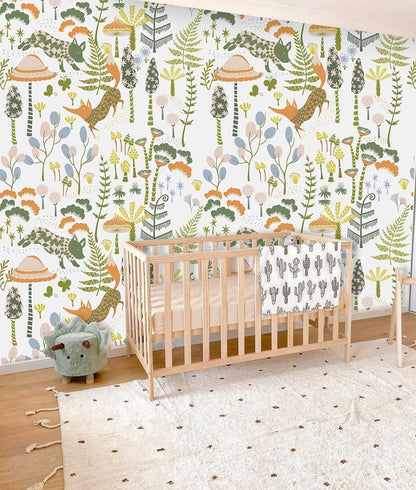 Whimsical Dinosaur Botanical Mural Wallpaper in nursery