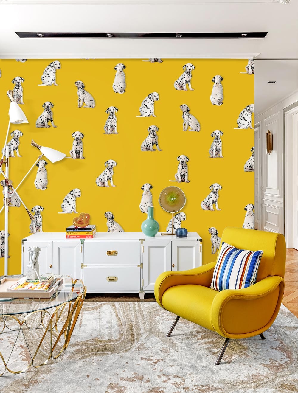 patterns of dalmatian pups in bright yellow on living room wall murals