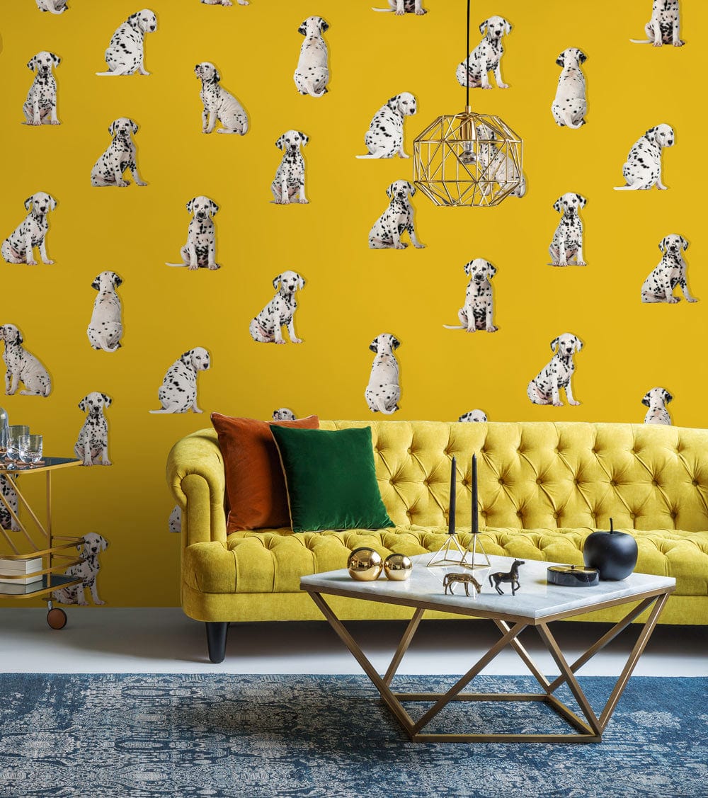 lovely dalmatian pups in a handmade wallpaper mural for the living room