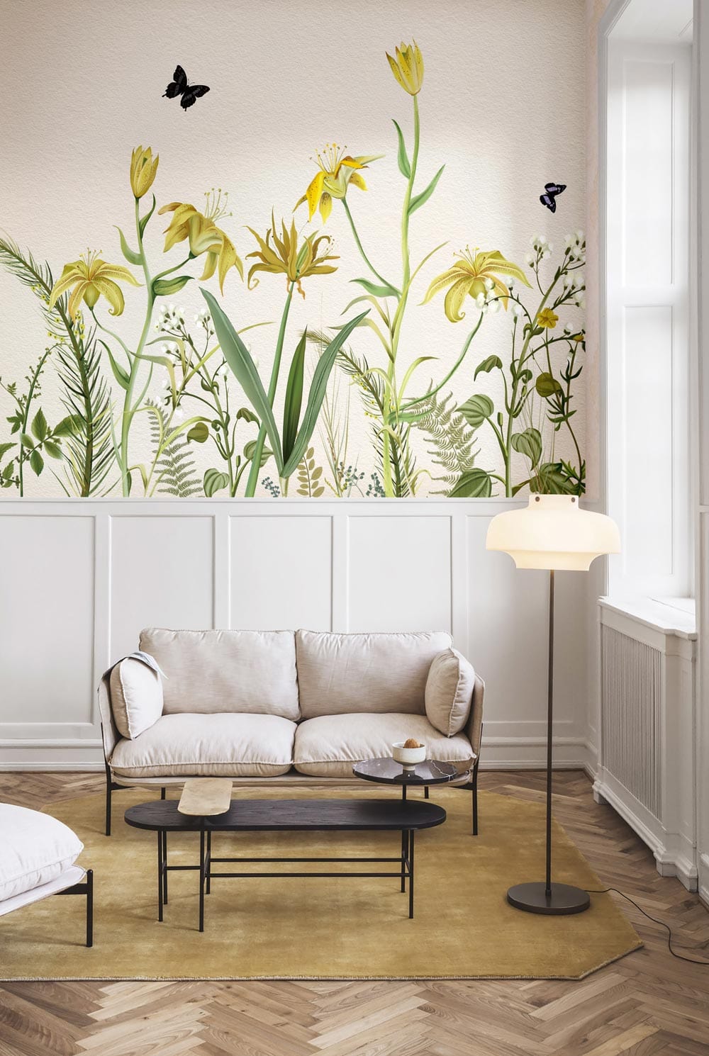 wall murals for the living room with yellow flowers and black butterflies