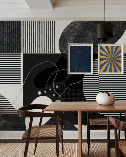 Decorate your dining room with this abstract black and white shapes mural wallpaper.