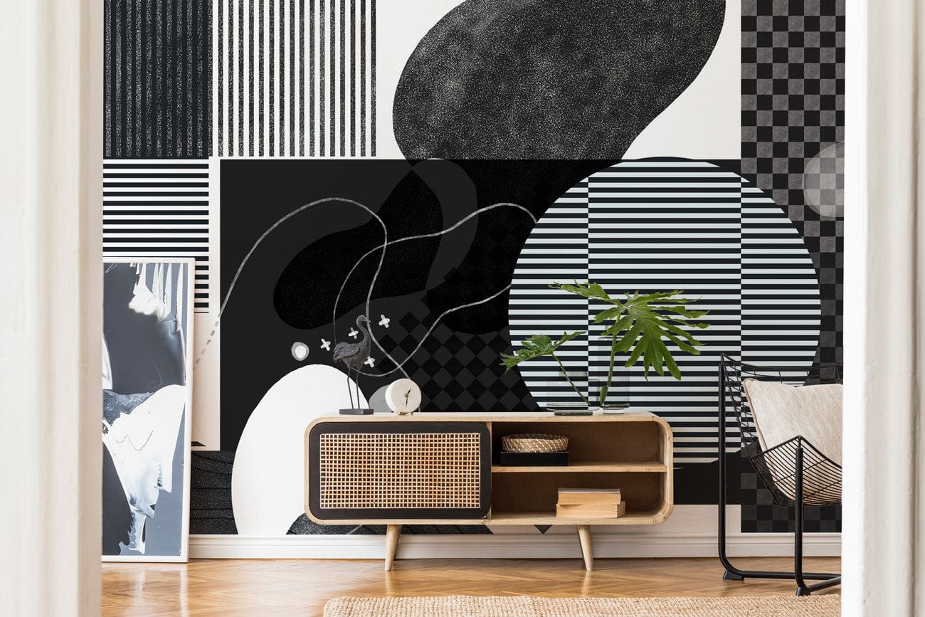 Wallcovering Mural in Black and White with Abstract Shapes, Ideal for Hallway Decoration