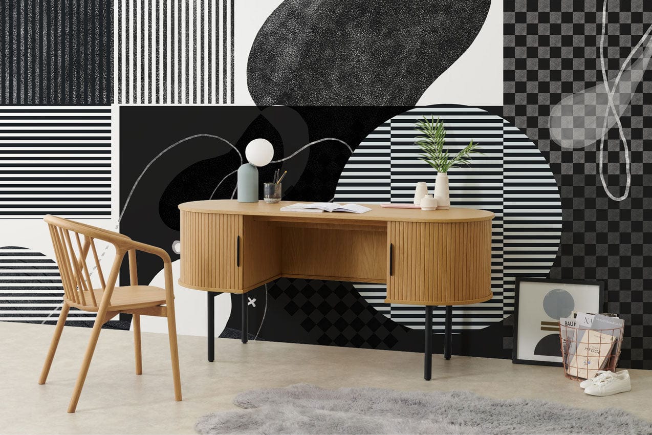 Mural Wallpaper in Abstract Black and White Shapes for Decorating the Office