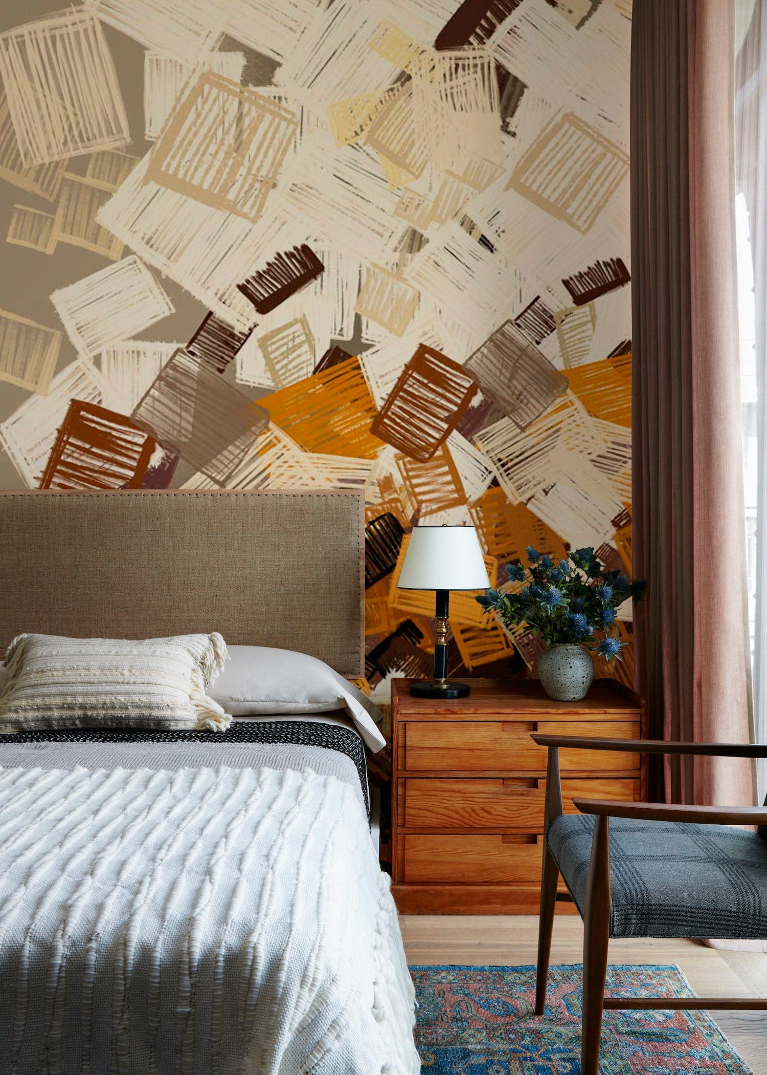 Bedroom Covered in an Abstract Mesh Blocks Wallpaper Mural