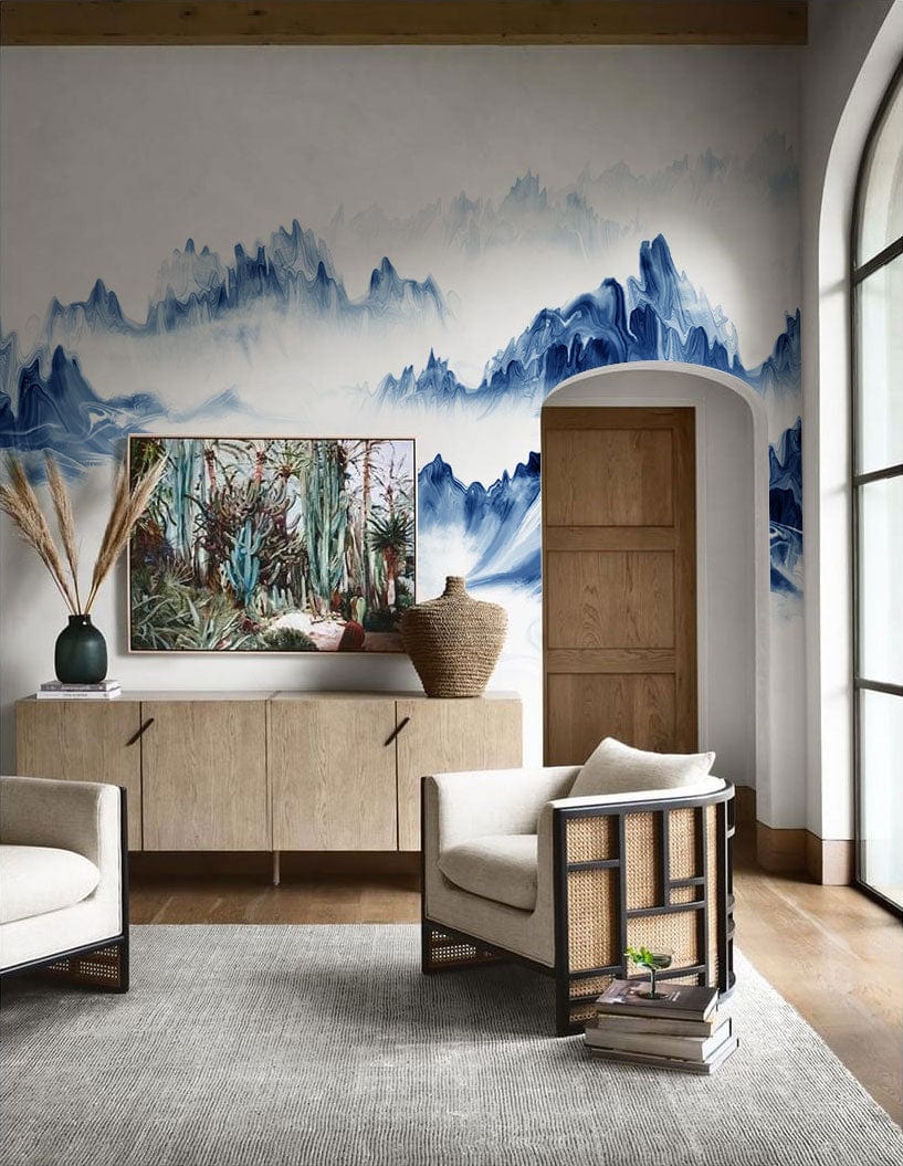 watercolor blue painting mountain wallpaper mural room decoration