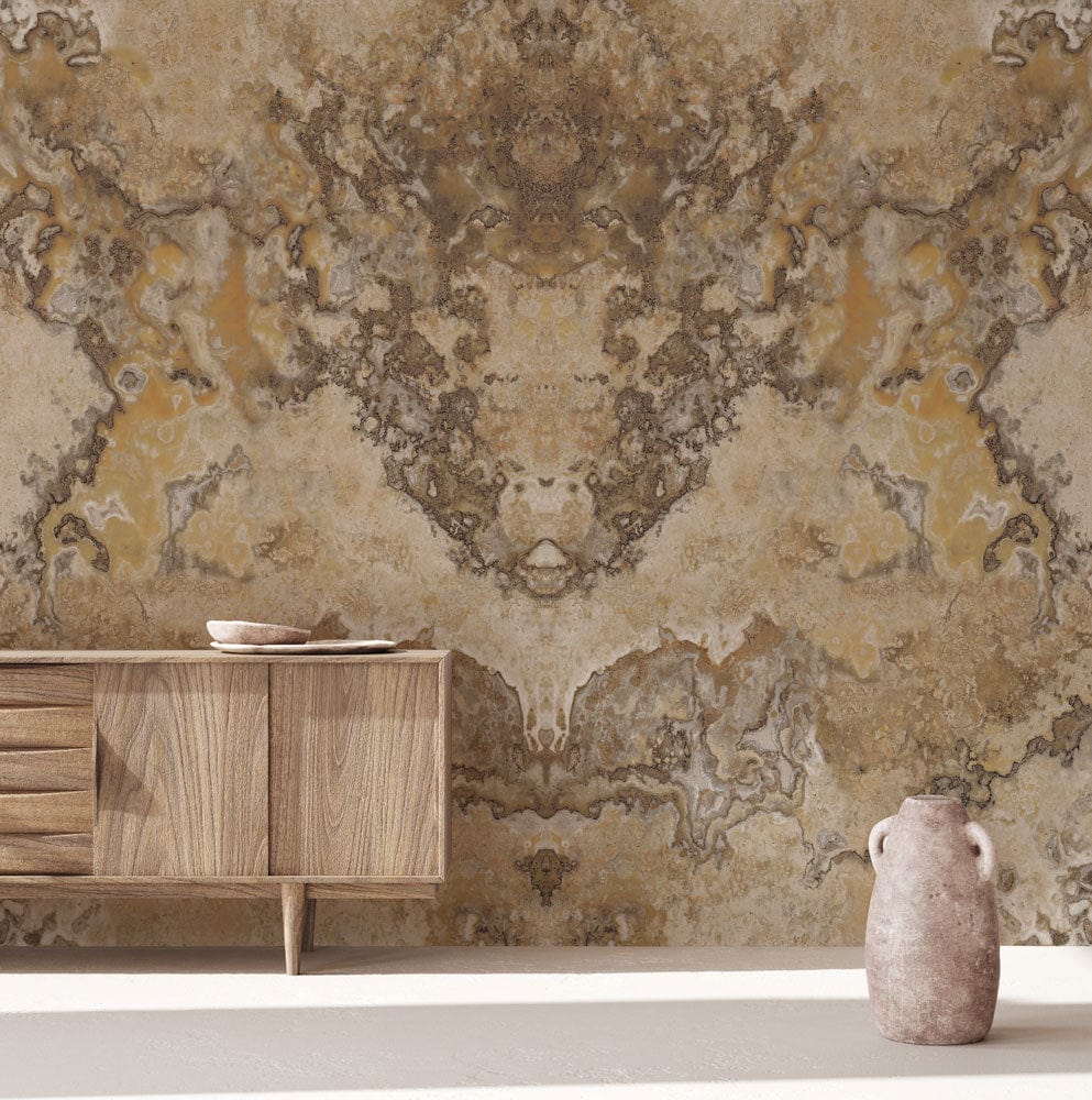 Hallway Decorating Mural Wallpaper Featuring an Abstract Brown Marble Design