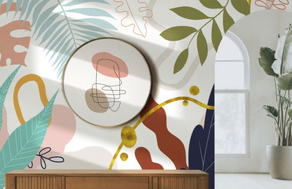 Decorative Wallpaper Mural for the Hallway Featuring an Abstract Collection of Colorful Leaves