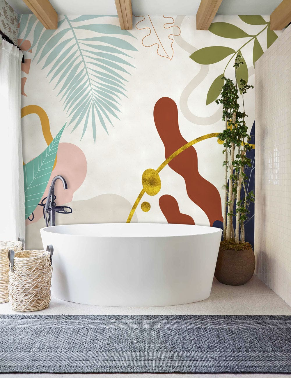 It is recommended to apply this wallpaper mural, which has an abstract design of colourful leaves, in the bathroom.