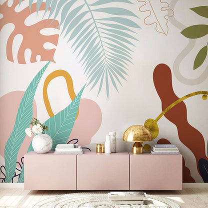 Wallcovering Mural Artwork in Abstract Style, Featuring a Colorful Leaf Design, Intended for Hallway Decoration