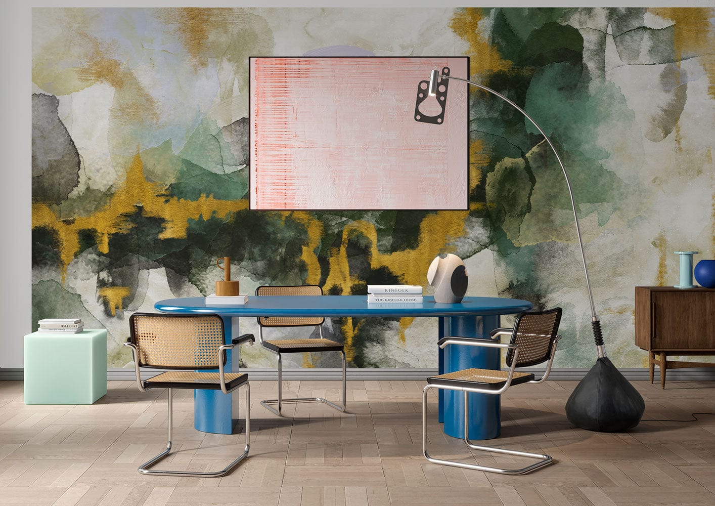 Abstract Watercolor Green Gold Mural Wallpaper in office