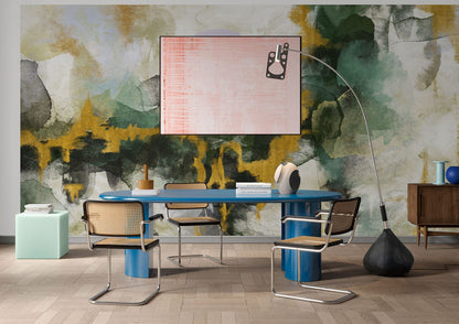 Abstract Watercolor Green Gold Mural Wallpaper in office