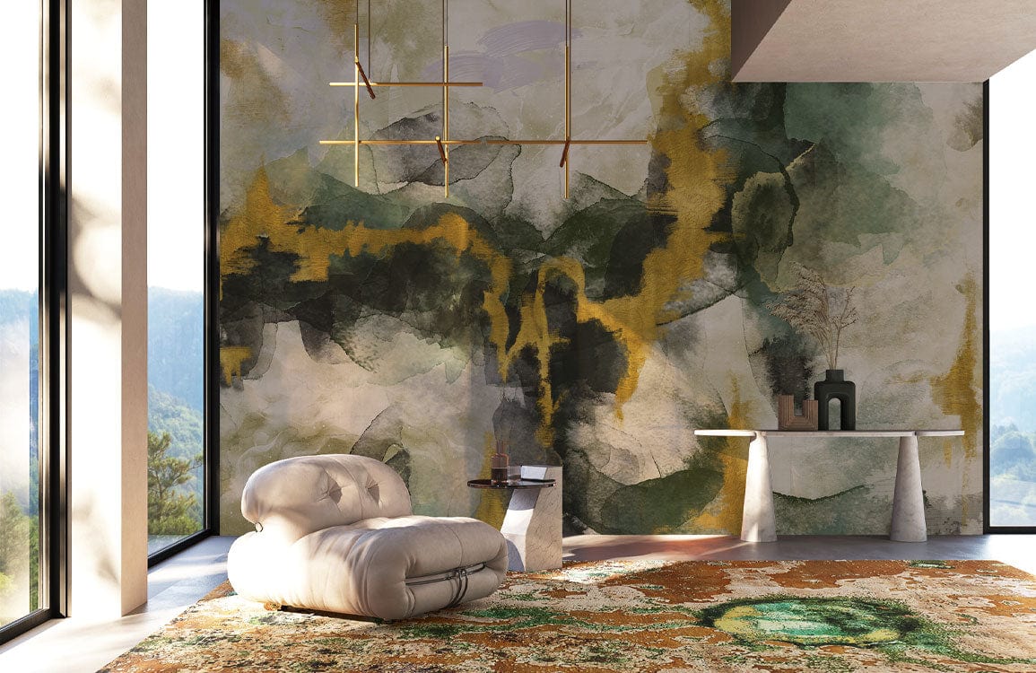 Abstract Watercolor Green Gold Mural Wallpaper in living room