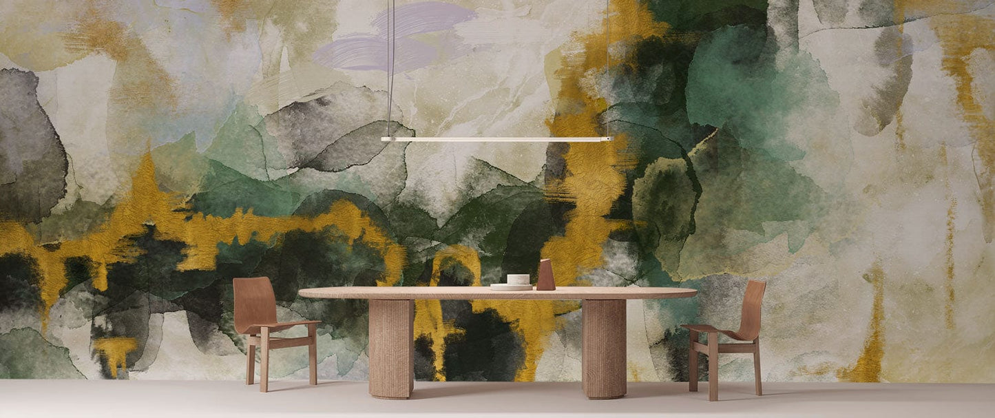 Abstract Watercolor Green Gold Mural Wallpaper in dining room