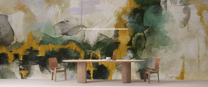 Abstract Watercolor Green Gold Mural Wallpaper in dining room