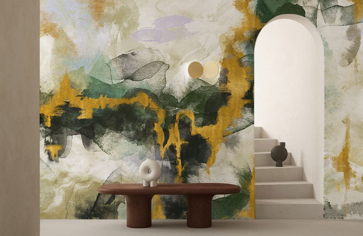Abstract Watercolor Green Gold Mural Wallpaper