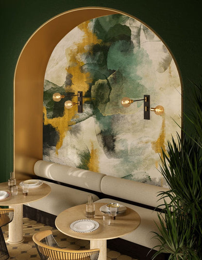 Abstract Watercolor Green Gold Mural Wallpaper in dining area