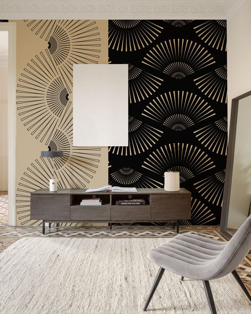 Wallcovering mural of abstract fan art for use as a hallway decoration