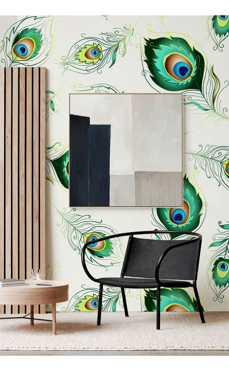 Wallpaper mural featuring an abstract green peacock feather design, perfect for use in the hallway.