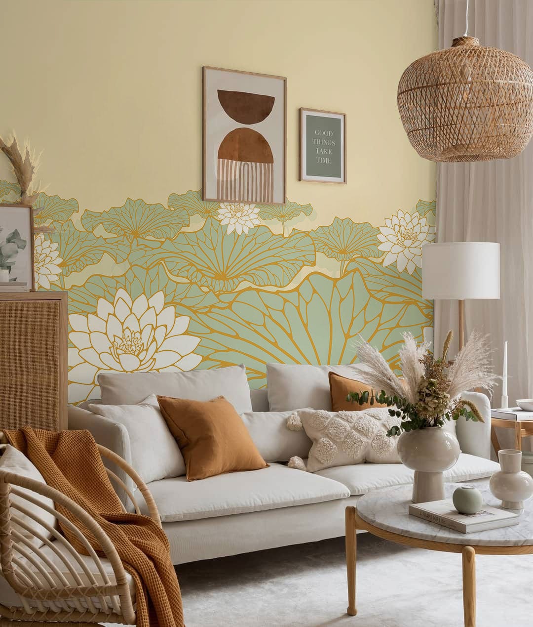 Living Room Decoration Featuring an Abstract Lotus Pool Wallpaper Mural