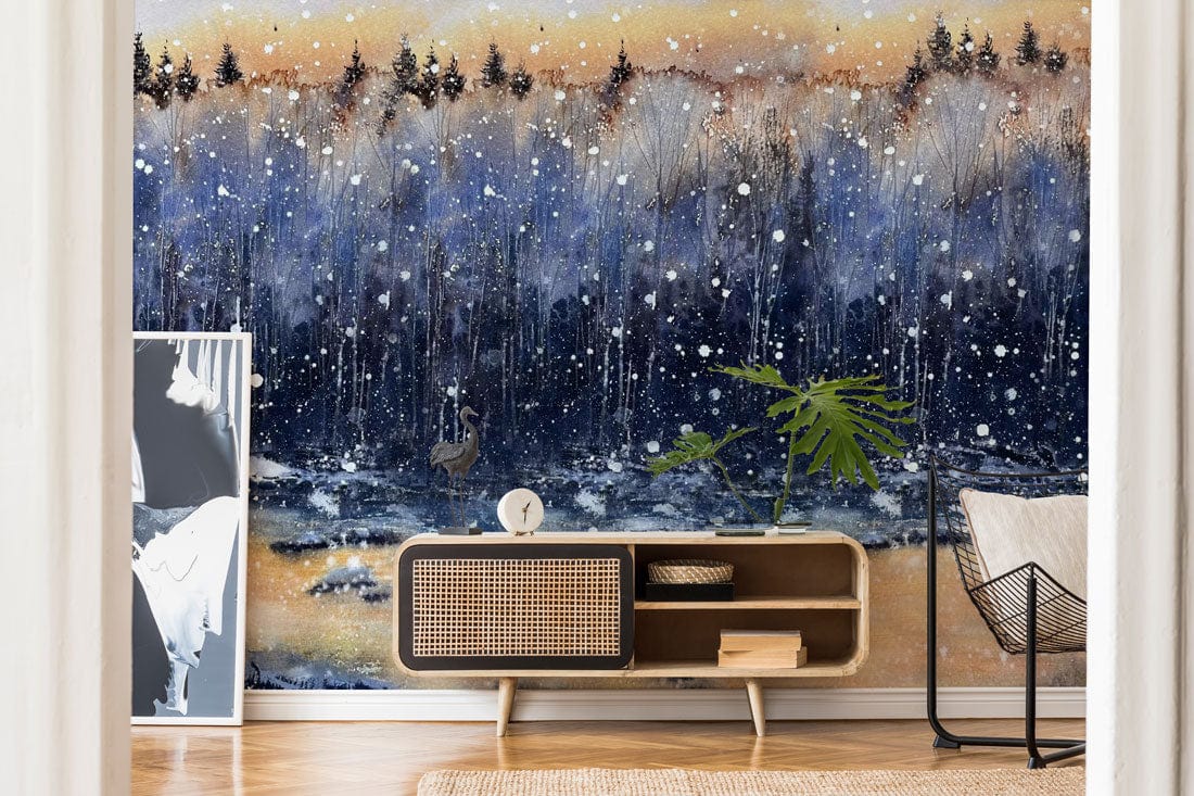 abstract painting forest wall mural hallway design