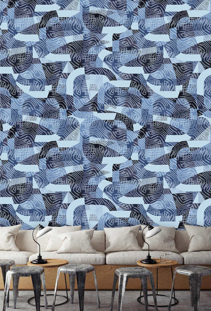 Abstract Wave Pattern Blue Mural Wallpaper in living room