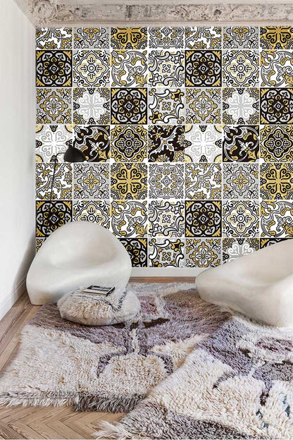 Victorian Geometric Tile Effect Mural Wallpaper in living room