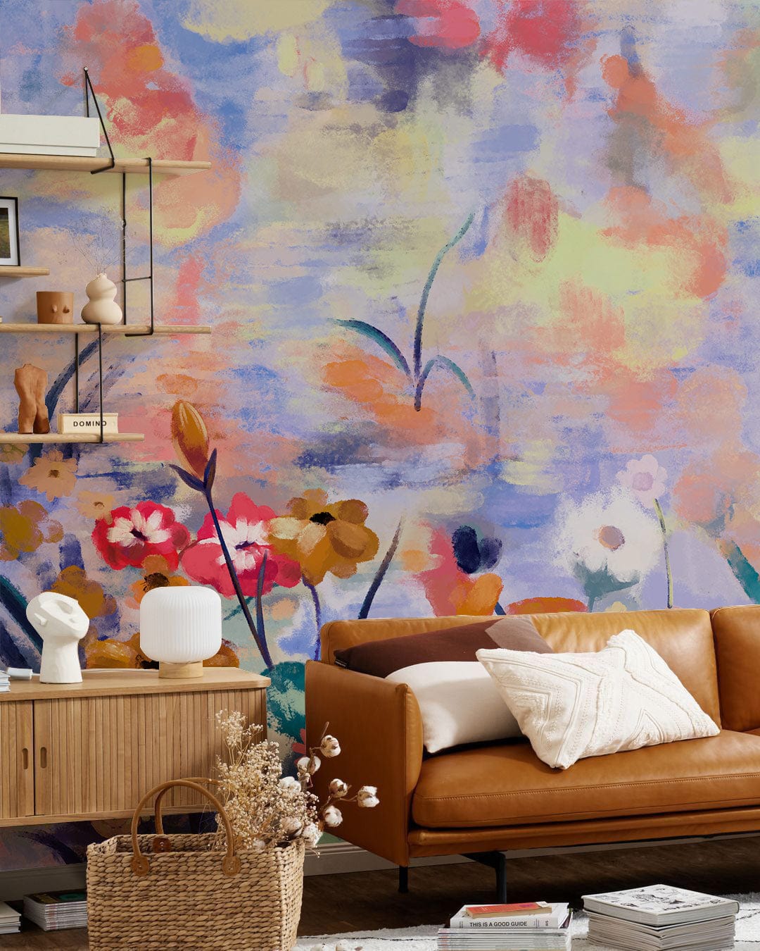 A beautiful mural of painted flowers that may be used as wall art in the living room.