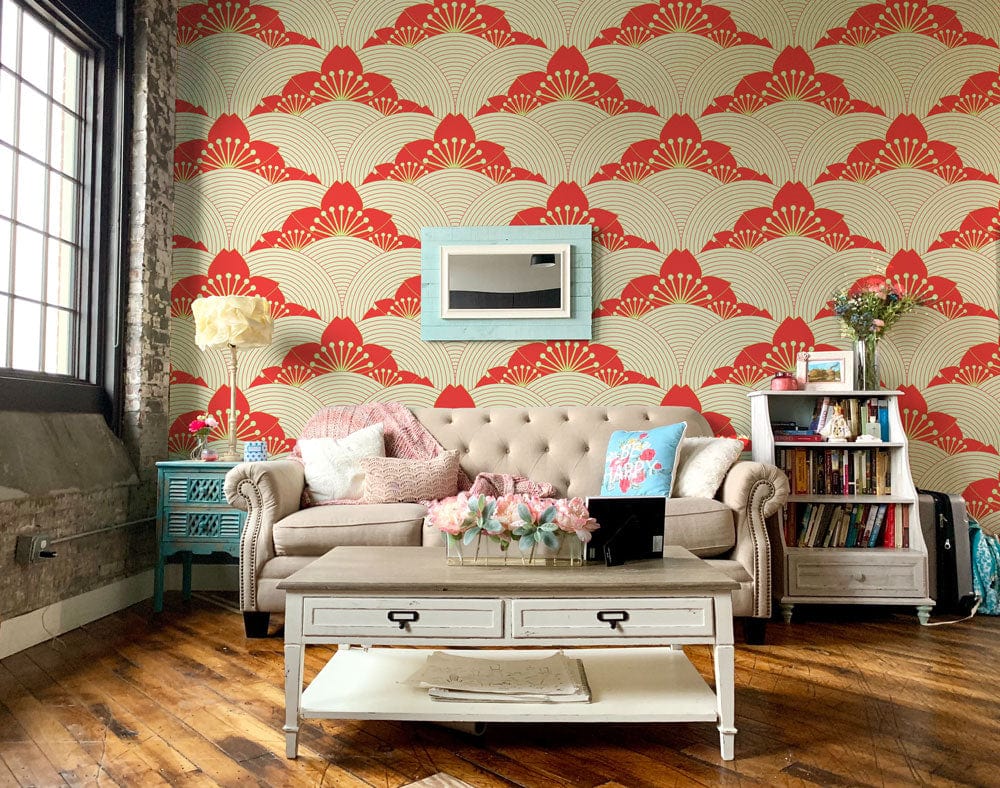 Decorate your living room with this abstract red sakura wallpaper mural.