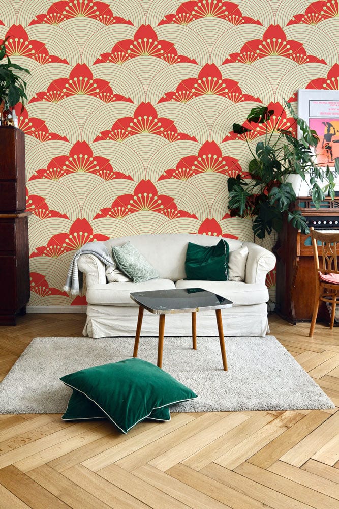 Wallpaper Mural in Abstract Red Sakura Pattern for Living Room Decoration