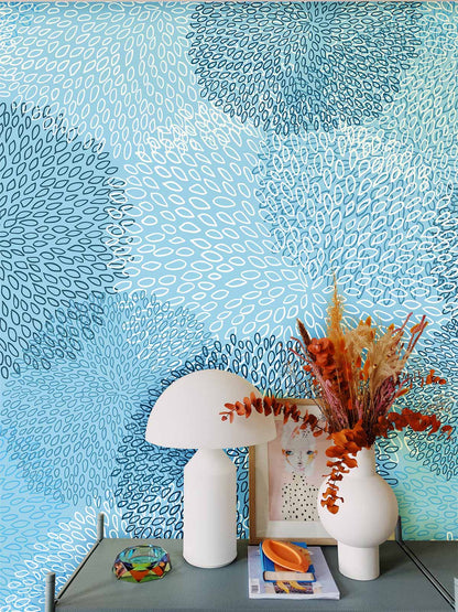 Blue Floral Blossom Geometric Mural Wallpaper in living room