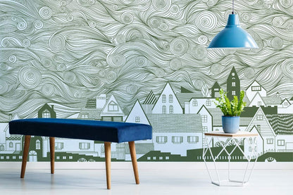 Whimsical Line Art Village Mural Wallpaper in living room