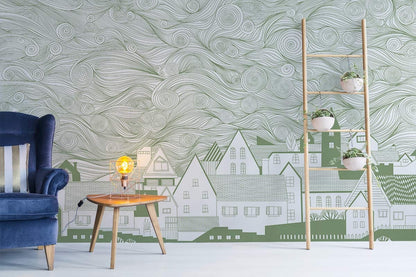 Whimsical Line Art Village Mural Wallpaper in living room