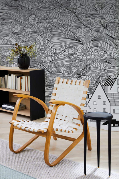 Abstract Swirling Skyline Black and White Mural Wallpaper in living room