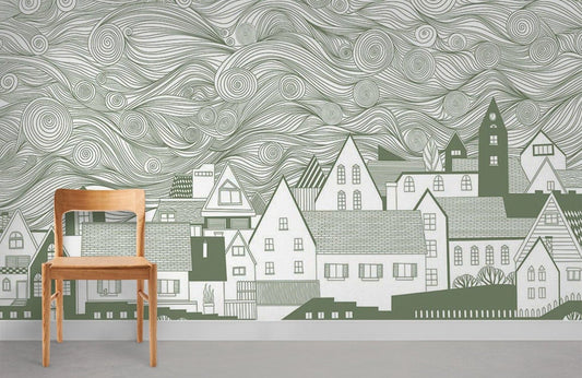 Whimsical Line Art Village Mural Wallpaper