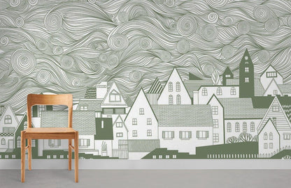 Whimsical Line Art Village Mural Wallpaper