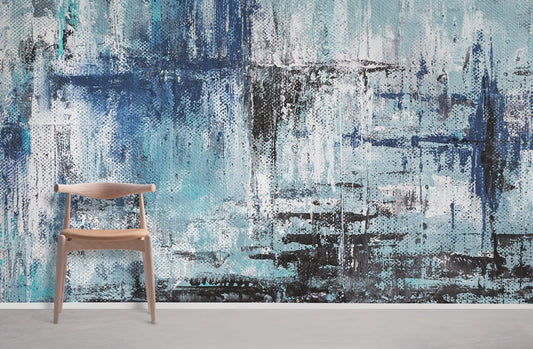 A room with an abstract wallpaper mural painting