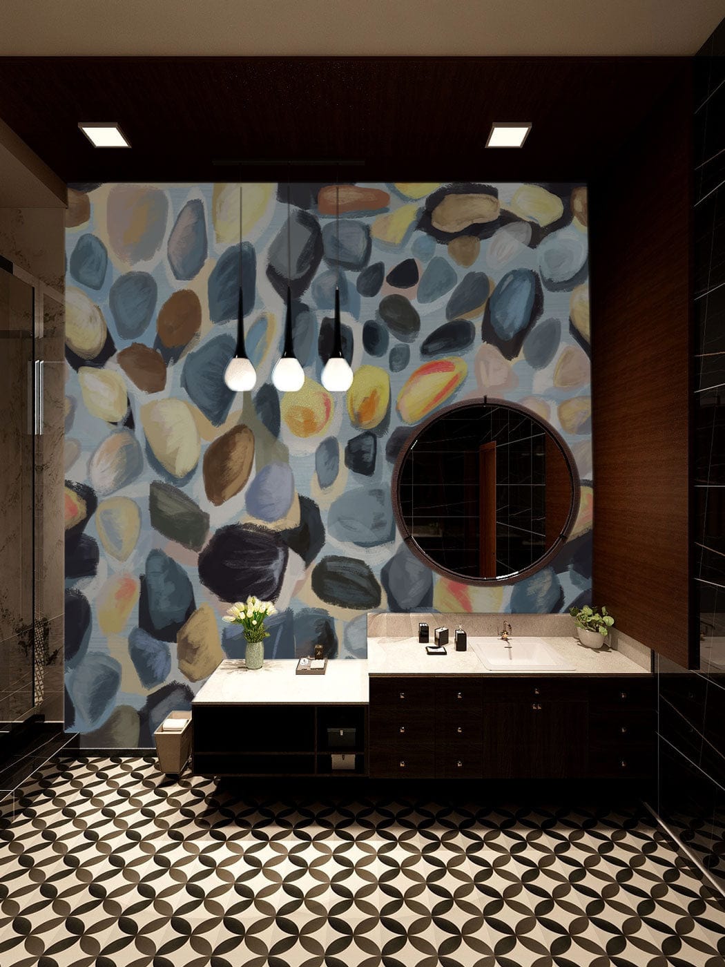 Bathroom Wall Mural Covering With an Abstract Watercolor Painting of Rocks