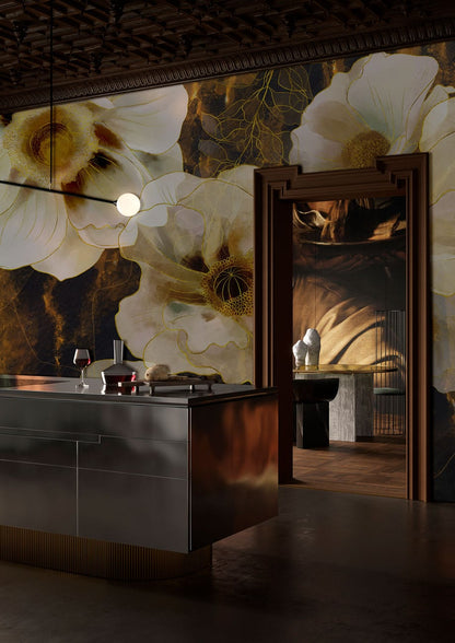 Gold Floral Elegance Luxe Mural Wallpaper in kitchen