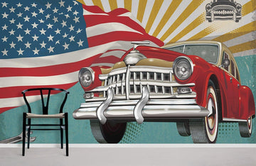 Retro American Flag Car Mural Wallpaper
