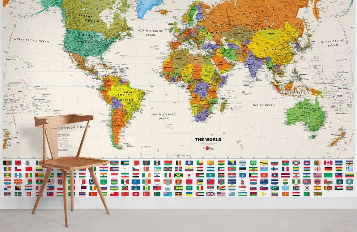 Colorful World Map Educational Mural for Wall