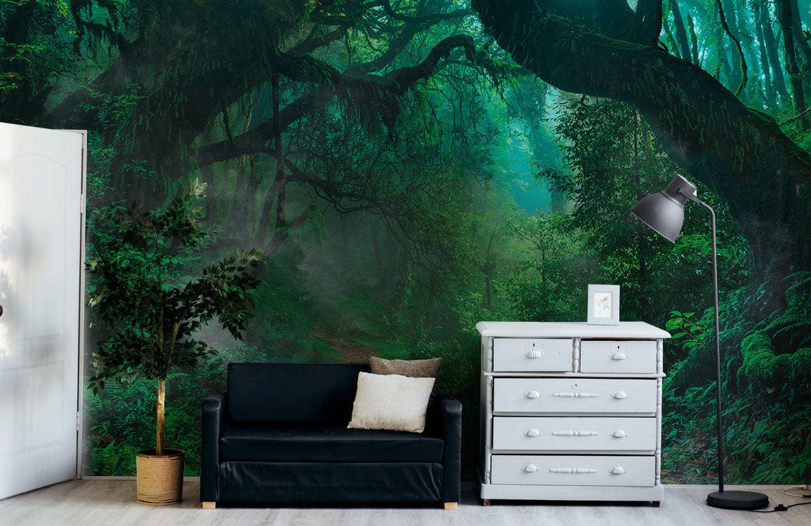 Weird green forest jungel wall mural interior design