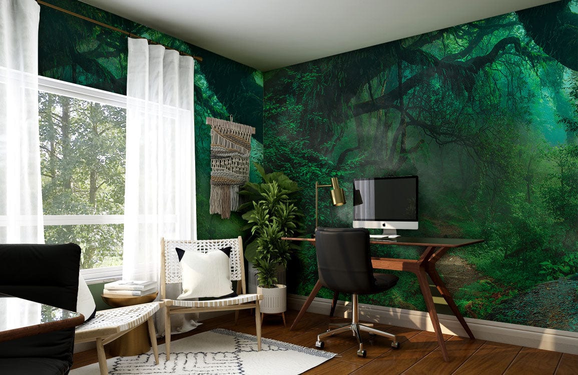 A mural of a green forest on wallpaper for a room