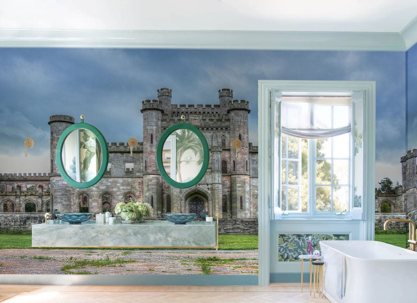Wallpaper mural featuring an ancient scene of Lowther Castle, ideal for use as bathroom decor.