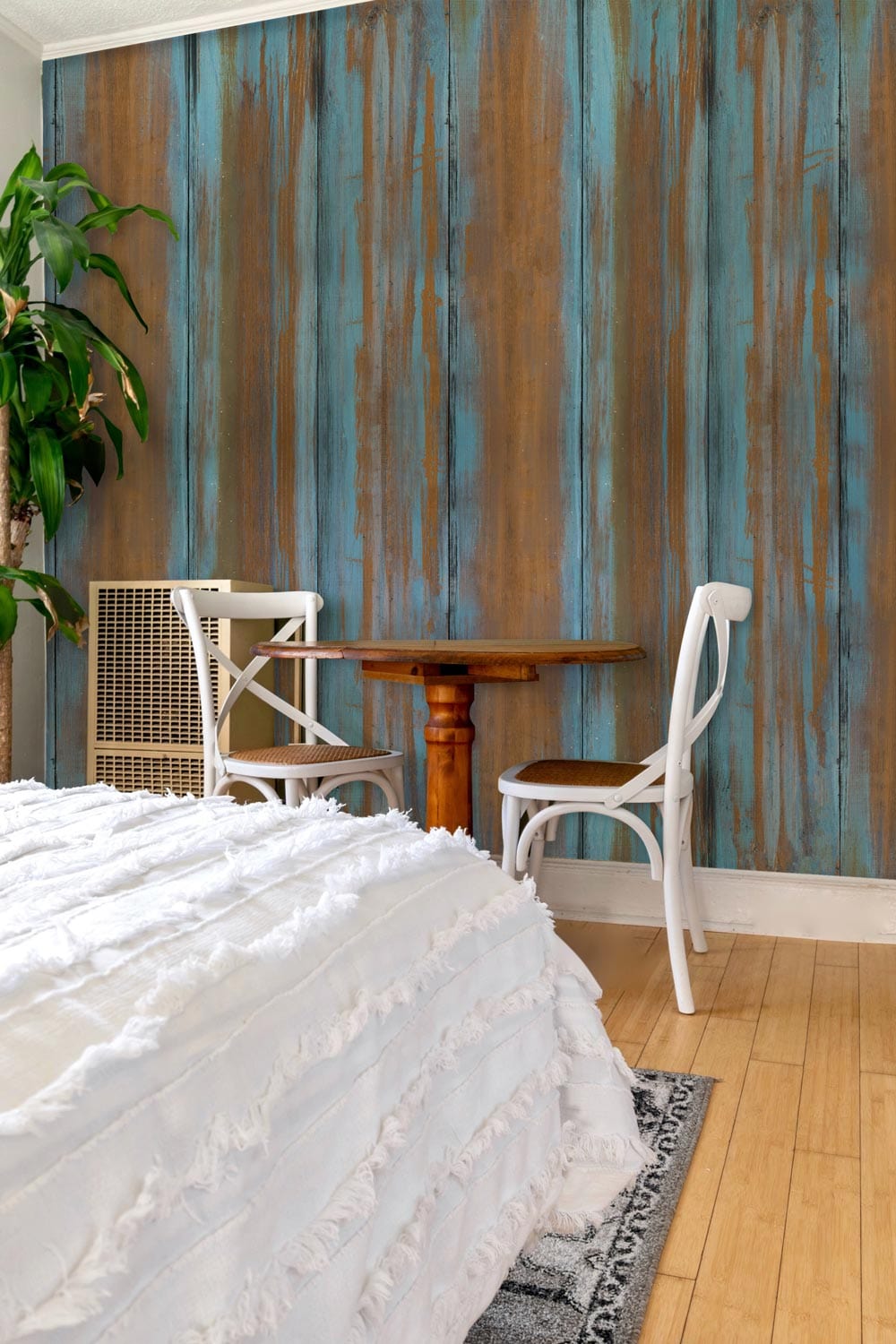 wood effect wall murals in blue and orange for a bedroom with a vertical texture and wood grain
