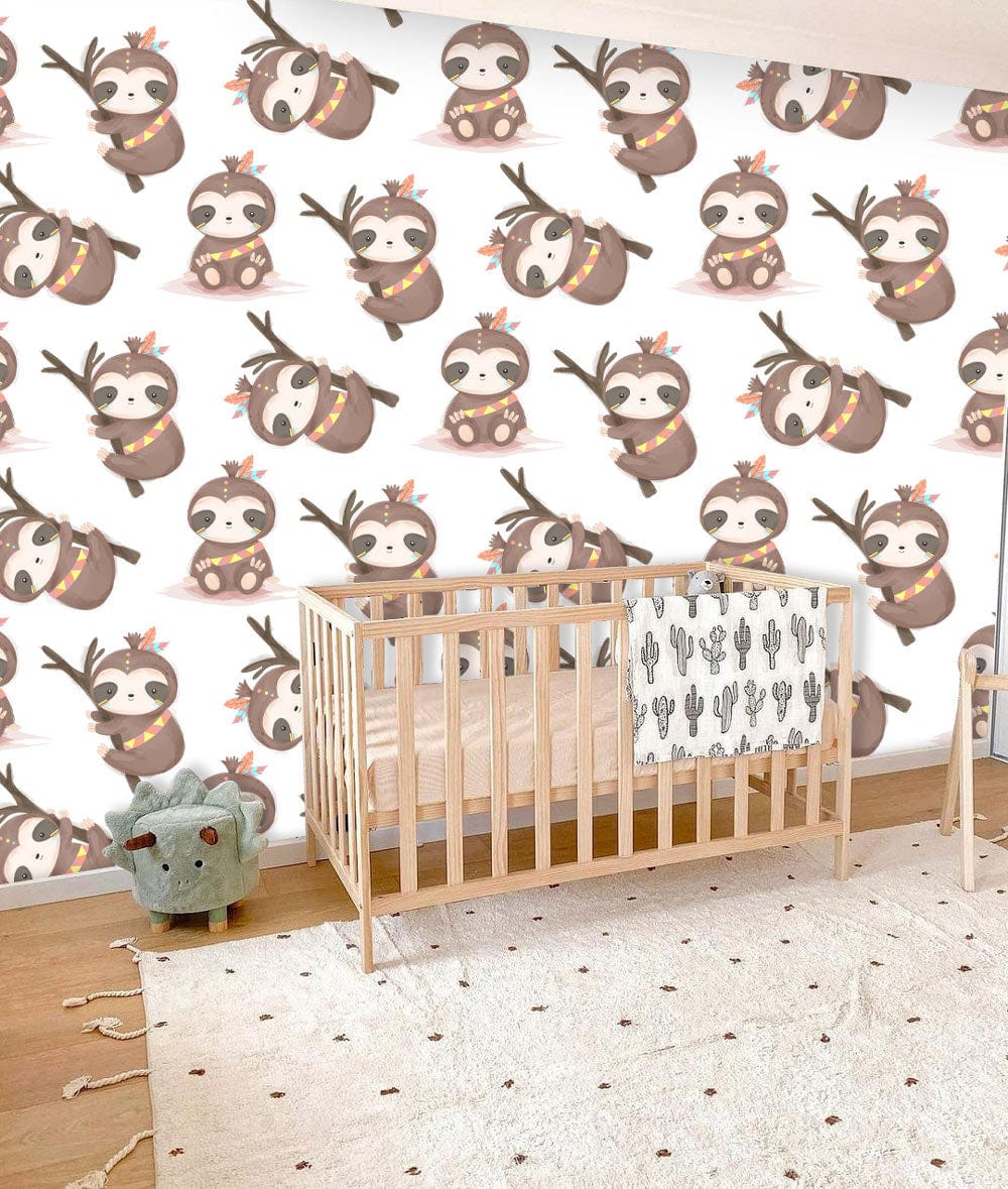 a lovely brown sloth wallpaper mural for a baby's nursery made to order