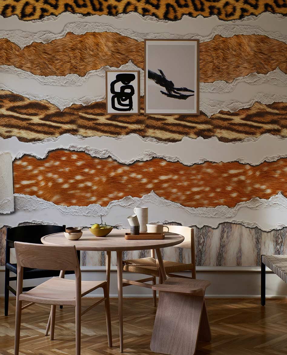 Wallpaper murals with a variety of animal furs may be used to adorn the dining area.
